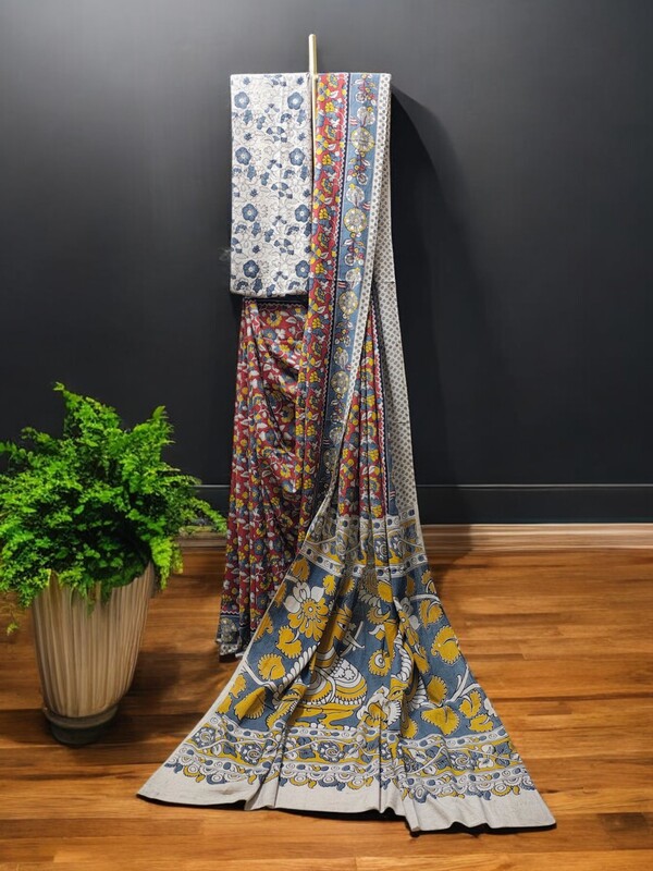 Mustard Plain Saree with Printed Blouse