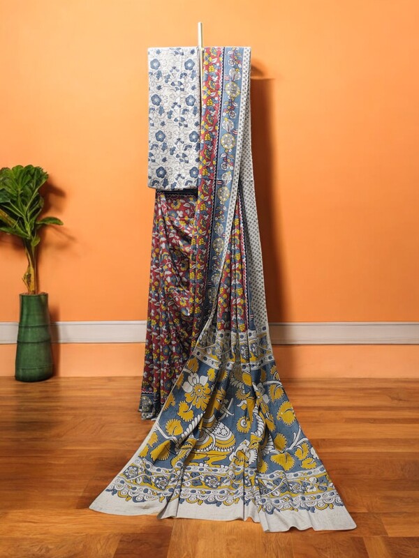 Mustard Plain Saree with Printed Blouse