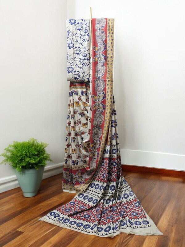 Red & Green Kalamkari Print Saree with Running Blouse