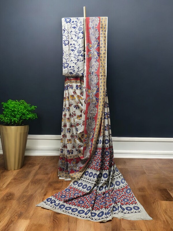 Red & Green Kalamkari Print Saree with Running Blouse