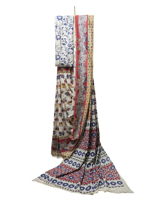 Red & Green Kalamkari Print Saree with Running Blouse