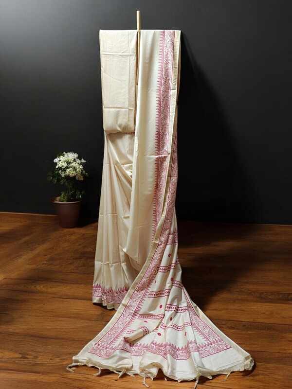 Lal Paar Durga Puja Bengali Silk Saree with Running Blouse