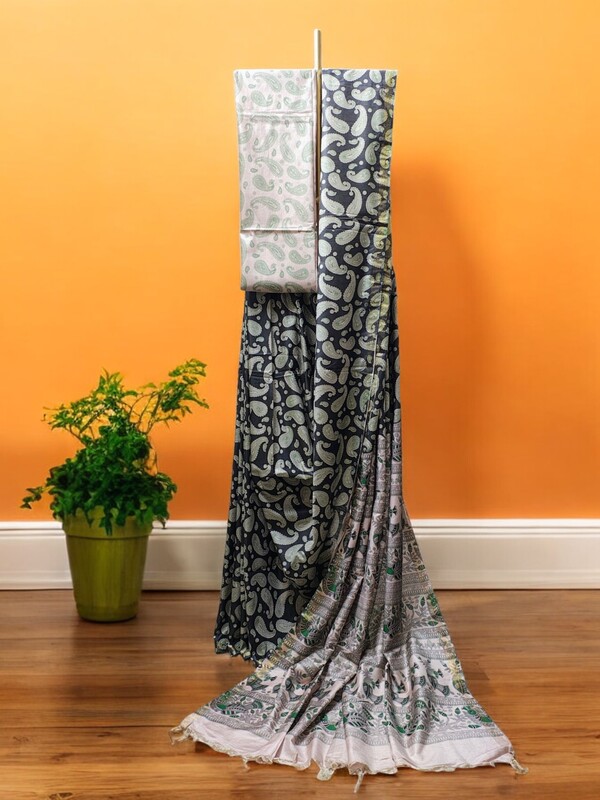 Black Kalamkari Print Saree with Unstitched Blouse