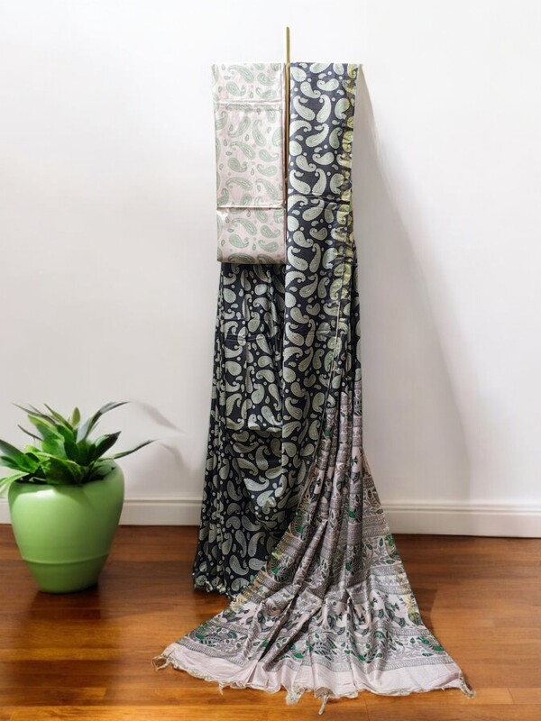 Black Kalamkari Print Saree with Unstitched Blouse