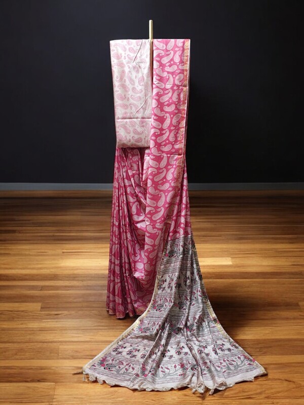 Pink Kalamkari Print Saree with Unstitched Blouse