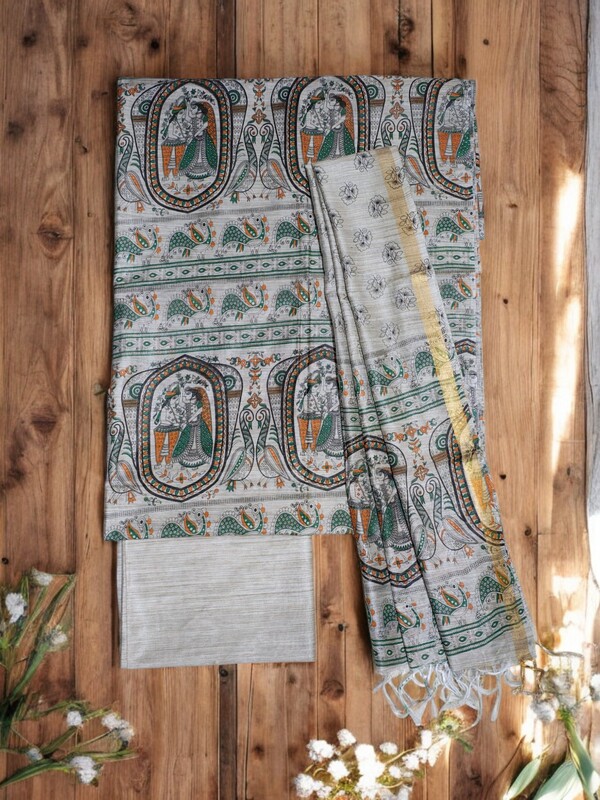 Green & Cream Madhubani Print Unstitched Silk Salwar Suit with Dupatta