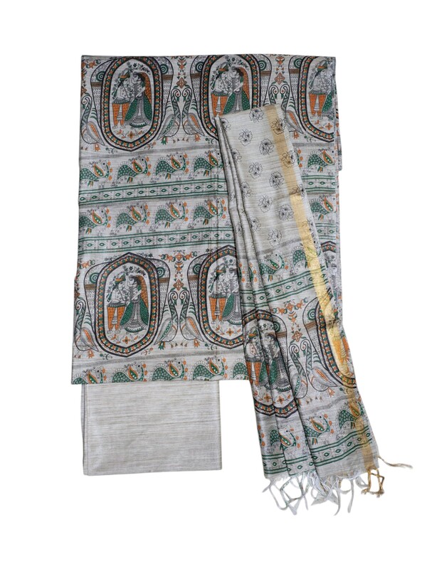 Green & Cream Madhubani Print Unstitched Silk Salwar Suit with Dupatta