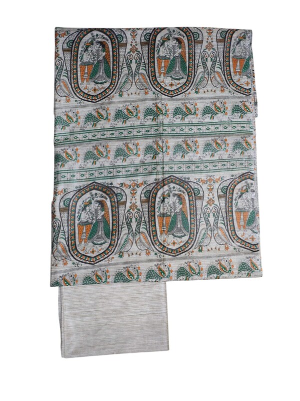 Green & Cream Madhubani Print Unstitched Silk Salwar Suit with Dupatta