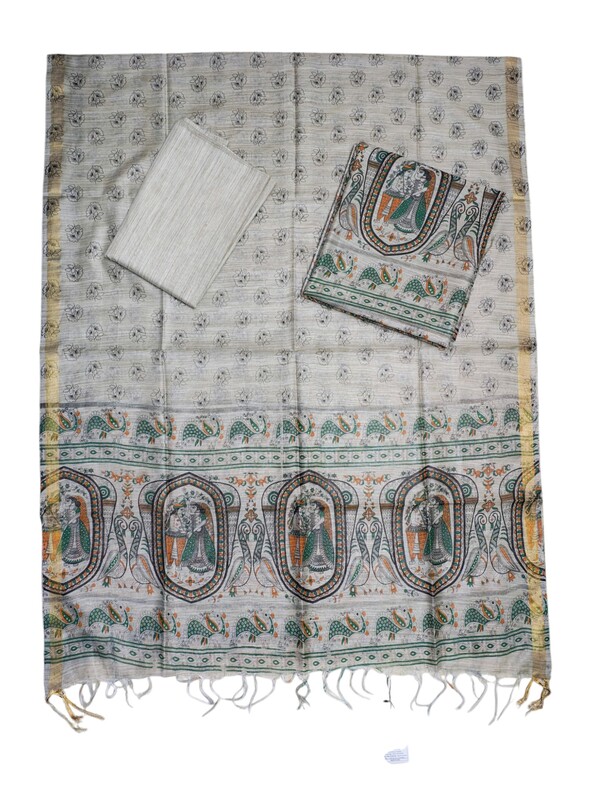 Green & Cream Madhubani Print Unstitched Silk Salwar Suit with Dupatta