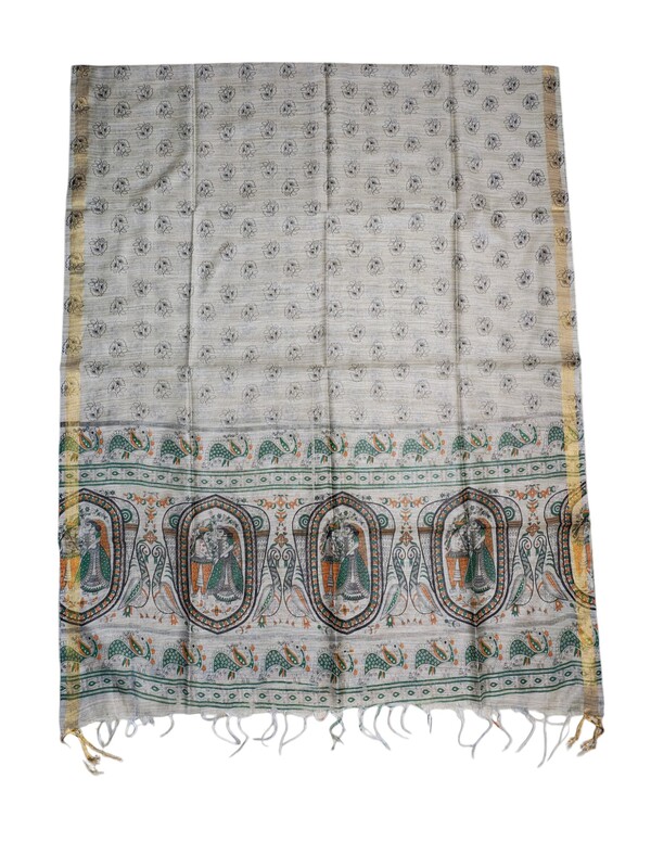 Green & Cream Madhubani Print Unstitched Silk Salwar Suit with Dupatta