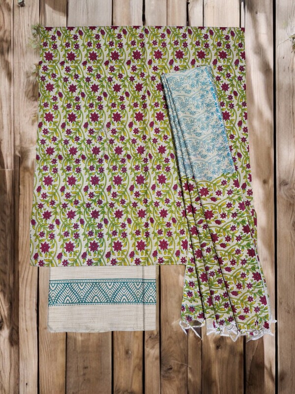 Maroon & Teal Unstitched Kalamkari Print Cotton Salwar Suit Dress Material with Dupatta