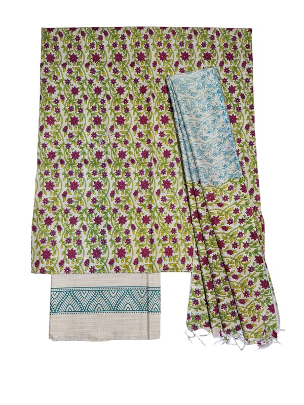 Maroon & Teal Unstitched Kalamkari Print Cotton Salwar Suit Dress Material with Dupatta