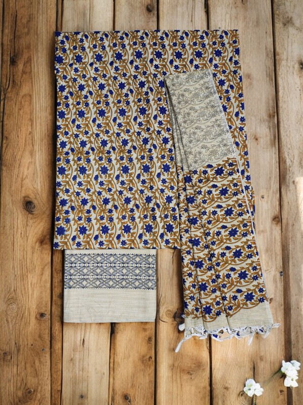 Indigo & Mustard Unstitched Batik Print Cotton Salwar Suit Dress Material with Dupatta