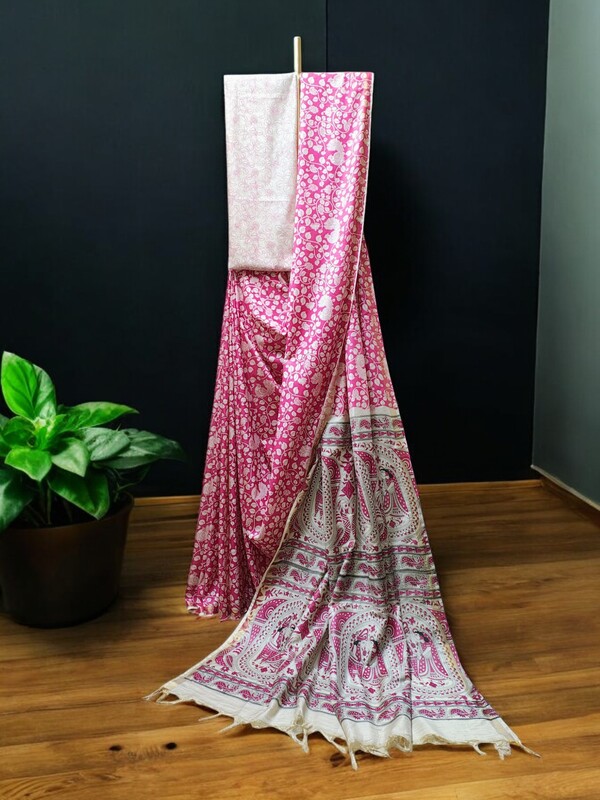 Pink Kalamkari Cotton Silk Saree with Unstitched Blouse for Women