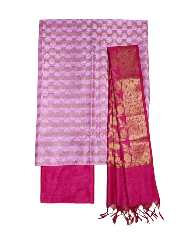 Pink & Magenta Unstitched Banarasi Cotton Silk Dress Material with Dupatta for Women