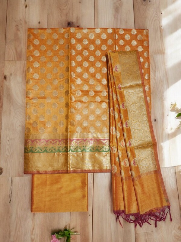 Yellow Banarasi Cotton Silk Unstitched Salwar Suit Set