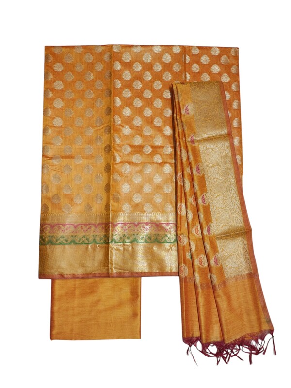 Yellow Banarasi Cotton Silk Unstitched Salwar Suit Set
