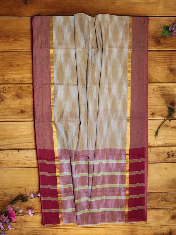 Beige Pochampally Ikkat Cotton Saree with Unstitched Blouse