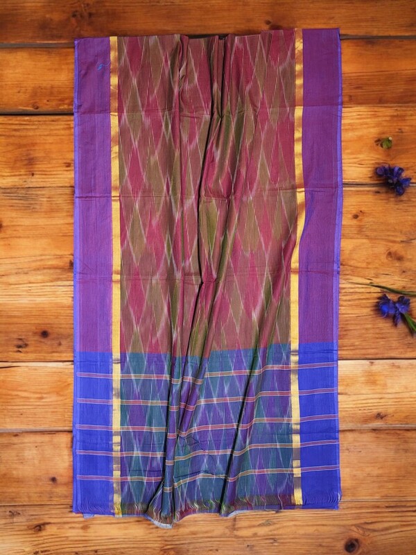 Maroon Ikkat Cotton Saree with Unstitched Blouse