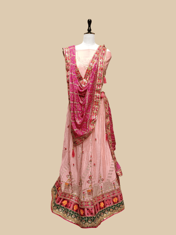 Elegant Pink Embroidered Lehenga Choli Set with Bandhani Dupatta D280