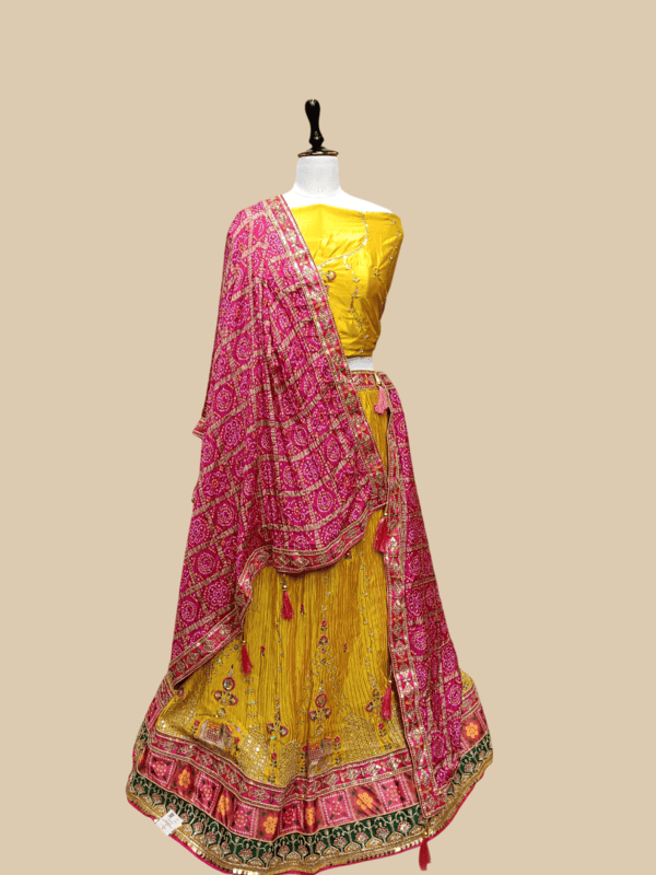 Designer Yellow Lehenga with Embroidered Yellow Blouse and Pink Bandhej Dupatta D280