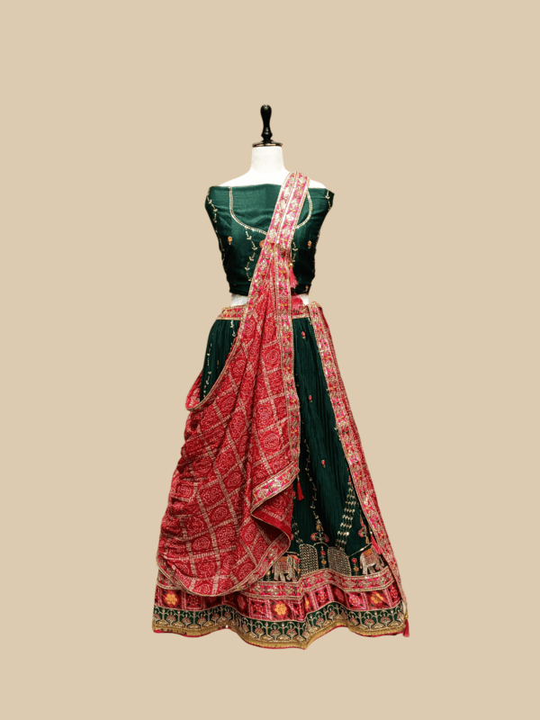Designer Dark Green Lehenga with Embroidered Green Blouse and Red Bandhej Dupatta D280