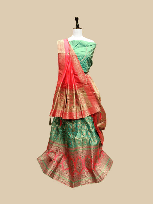 Green & Red Traditional Woven Lehenga Choli Set MF