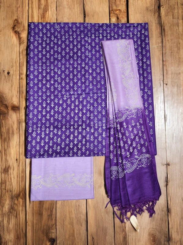Lavender Unstitched Block Print Salwar Suit Dress Material with Dupatta