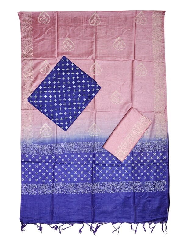 Pink & Indigo Unstitched Batik Print Silk Salwar Suit Dress Material with Dupatta