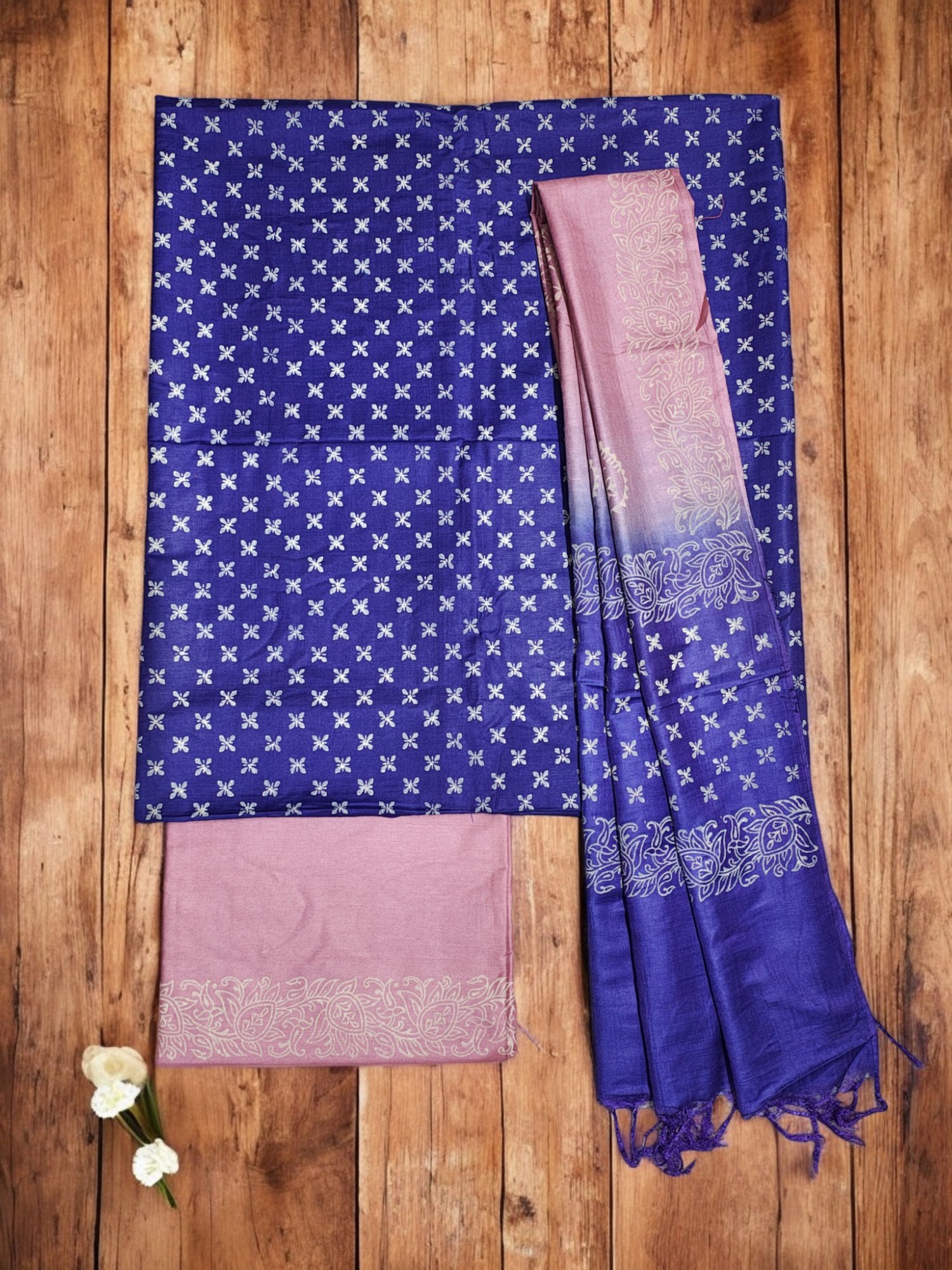 Pink & Indigo Unstitched Batik Print Silk Salwar Suit Dress Material with Dupatta