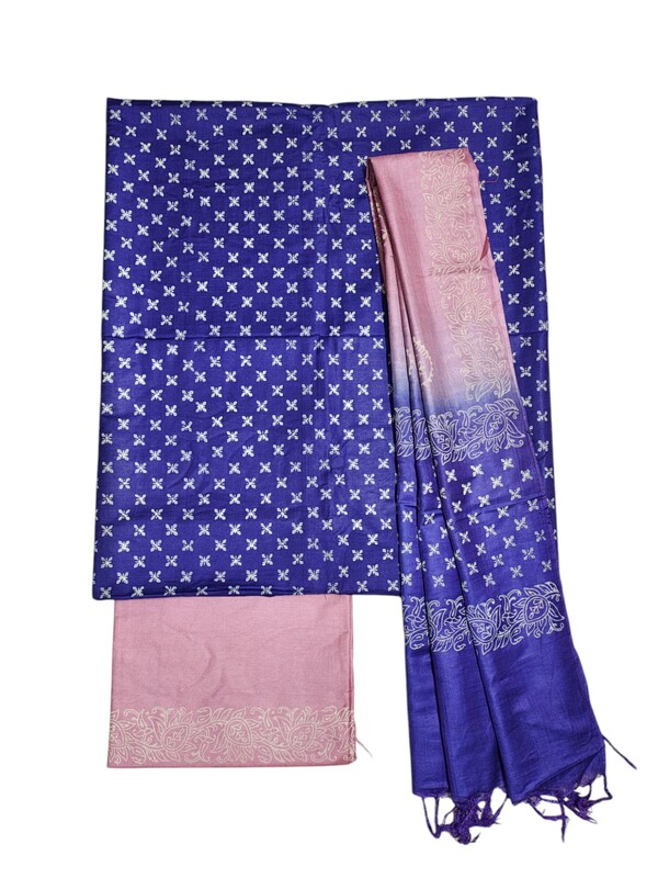 Pink & Indigo Unstitched Batik Print Silk Salwar Suit Dress Material with Dupatta