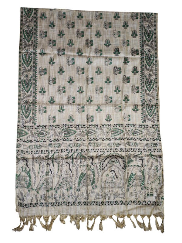 Yellow & Golden Madhubani Print Cotton Silk Dupatta for Women