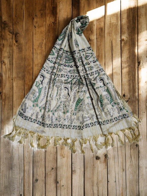 Yellow & Golden Madhubani Print Cotton Silk Dupatta for Women