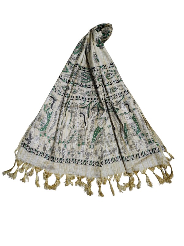 Yellow & Golden Madhubani Print Cotton Silk Dupatta for Women