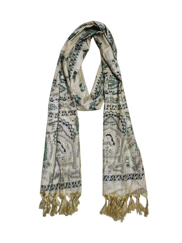 Yellow & Golden Madhubani Print Cotton Silk Dupatta for Women