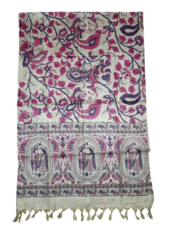 Purple & Pink Kalamkari Cotton Silk Dupatta for Women