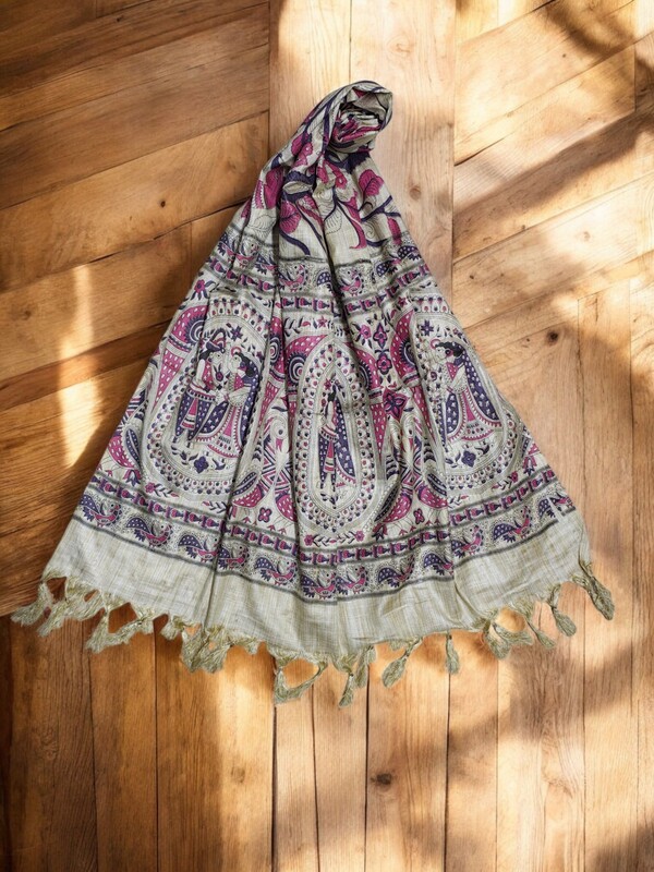 Purple & Pink Kalamkari Cotton Silk Dupatta for Women