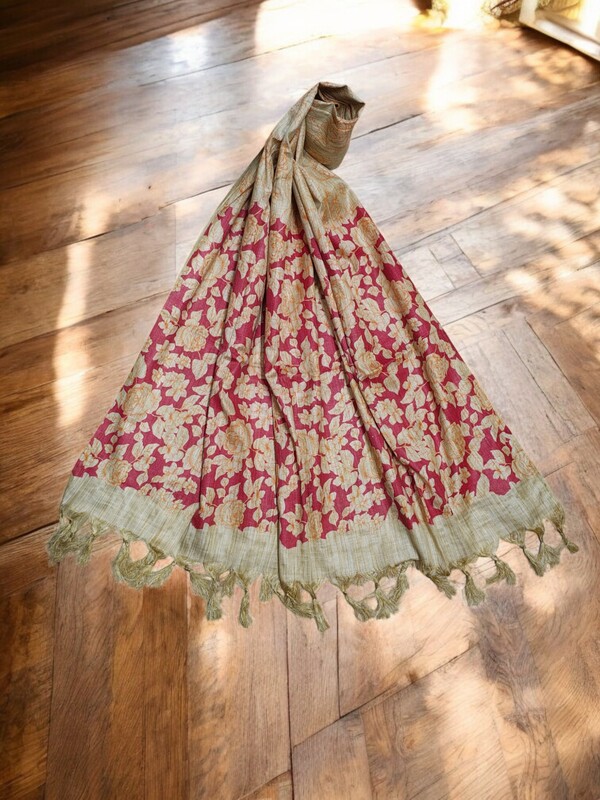 Orange & Red Kalamkari Cotton Silk Dupatta for Women