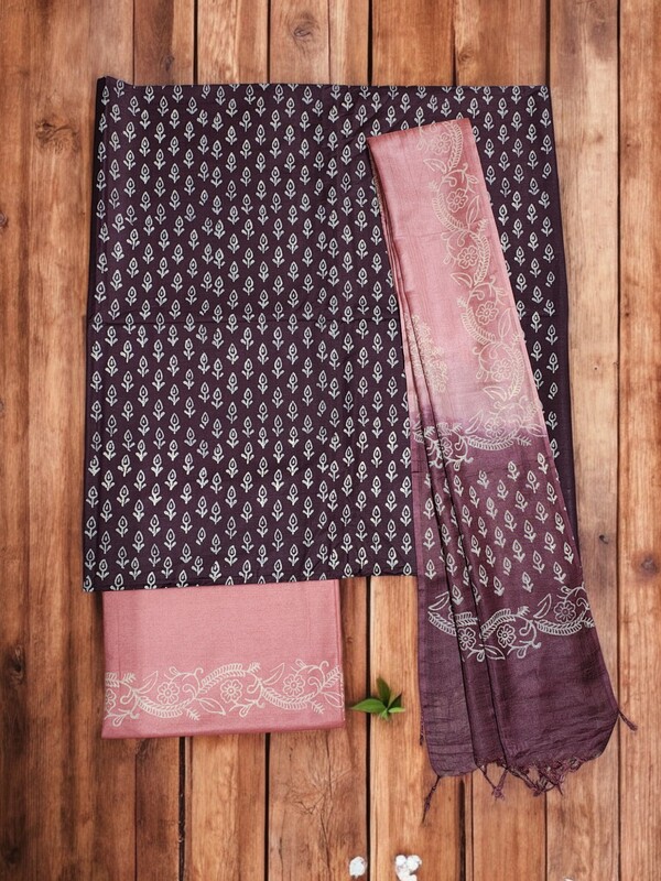 Green & Black Unstitched Block Print Silk Salwar Suit Dress Material with Dupatta