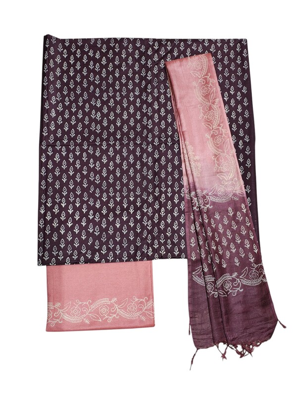 Green & Black Unstitched Block Print Silk Salwar Suit Dress Material with Dupatta