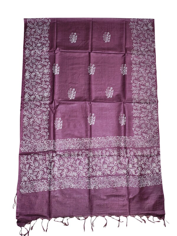 Wine Block Print Silk Unstitched Salwar Suit Dress Material with Dupatta