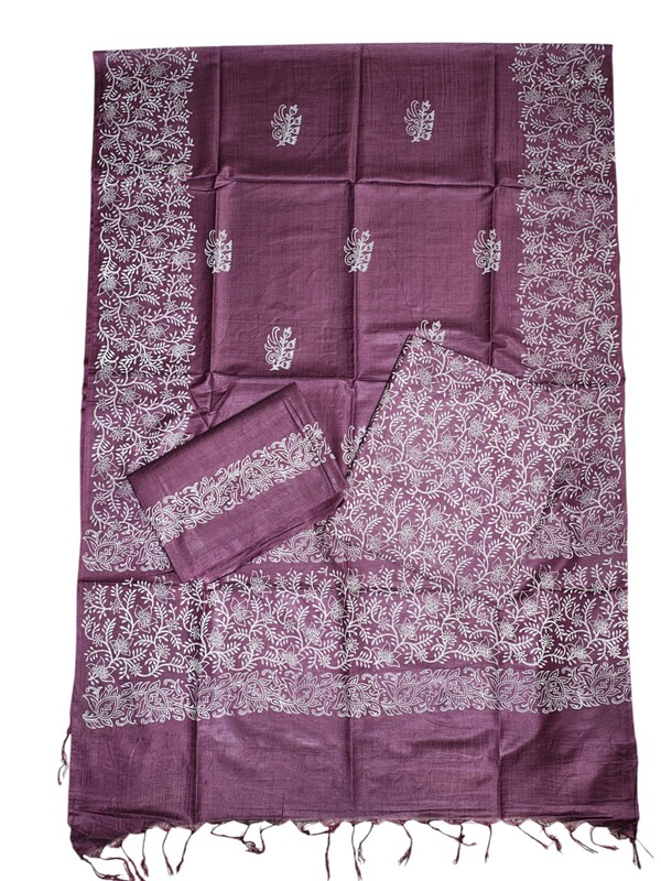 Wine Block Print Silk Unstitched Salwar Suit Dress Material with Dupatta