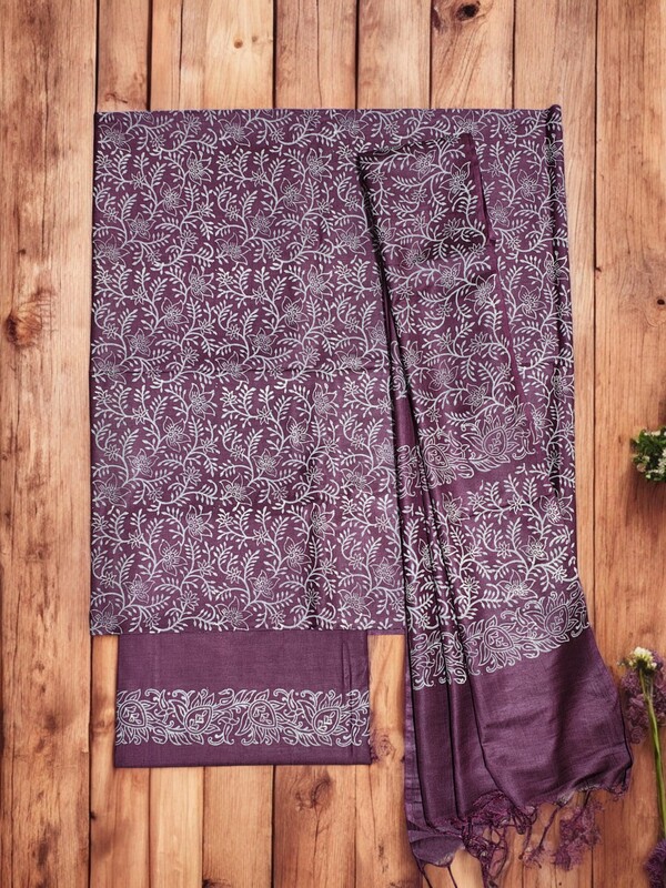Wine Block Print Silk Unstitched Salwar Suit Dress Material with Dupatta