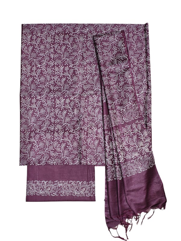Wine Block Print Silk Unstitched Salwar Suit Dress Material with Dupatta