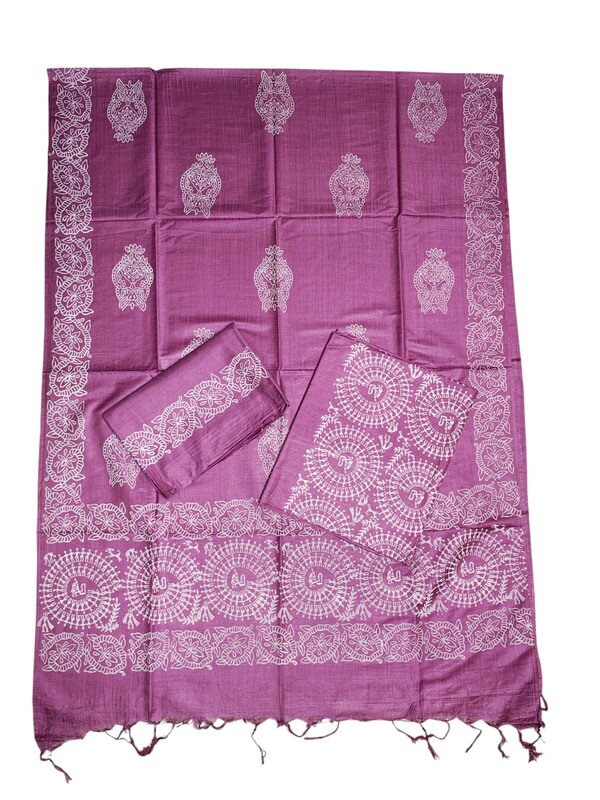 Magenta Unstitched Block Print Silk Salwar Suit Dress Material with Dupatta
