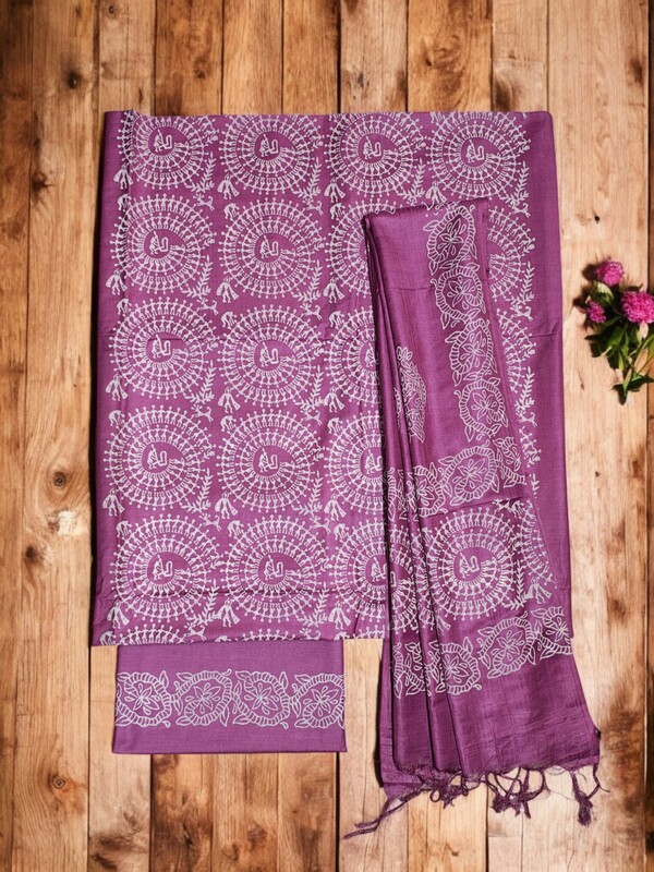 Magenta Unstitched Block Print Silk Salwar Suit Dress Material with Dupatta