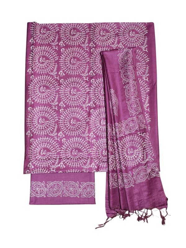 Magenta Unstitched Block Print Silk Salwar Suit Dress Material with Dupatta