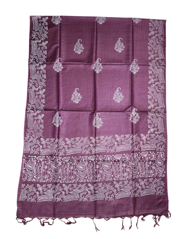 Wine Block Print Unstitched Silk Salwar Suit Dress Material with Dupatta