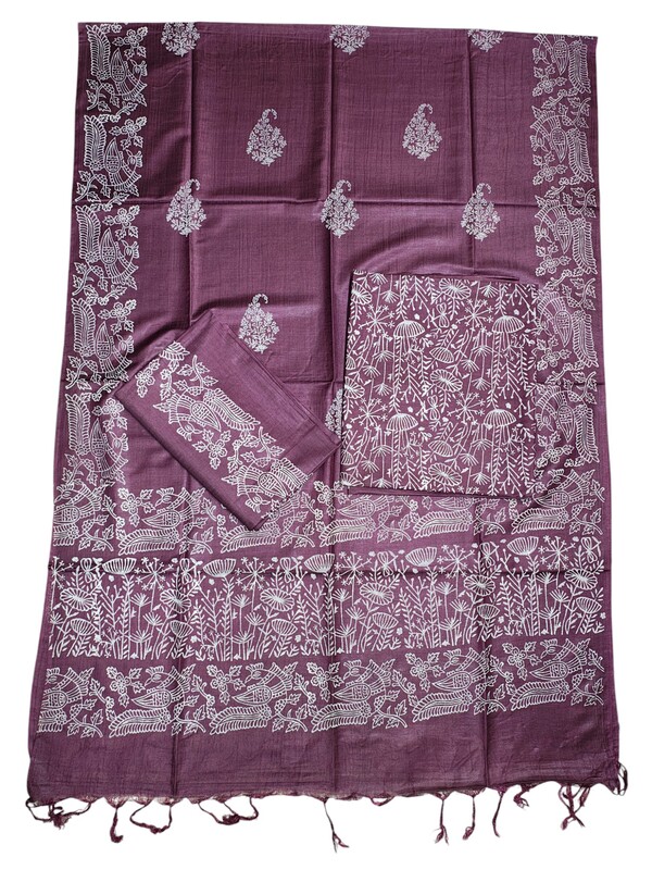 Wine Block Print Unstitched Silk Salwar Suit Dress Material with Dupatta
