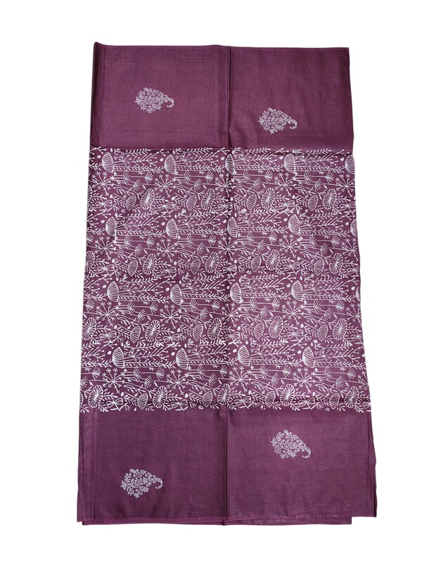 Wine Block Print Unstitched Silk Salwar Suit Dress Material with Dupatta